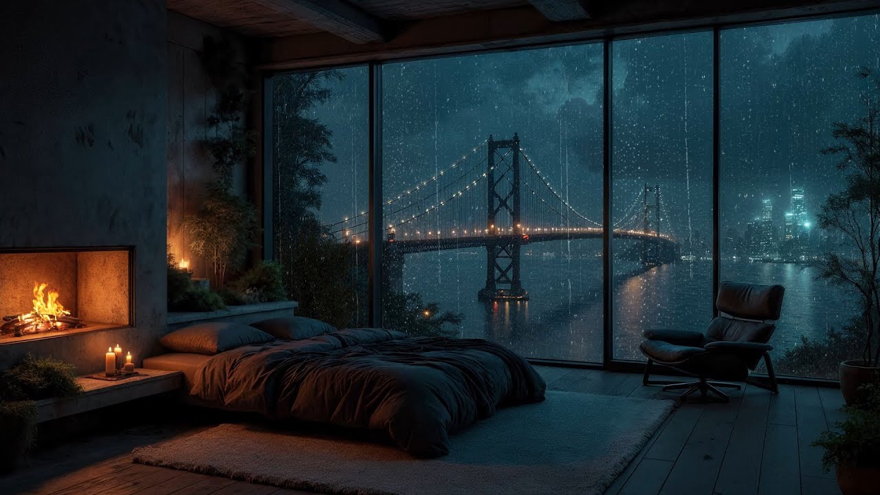 Deep Sleep Rain Near San Francisco Bridge 🌧️ No Ads  Cozy Room, Window Rain & Fireplace