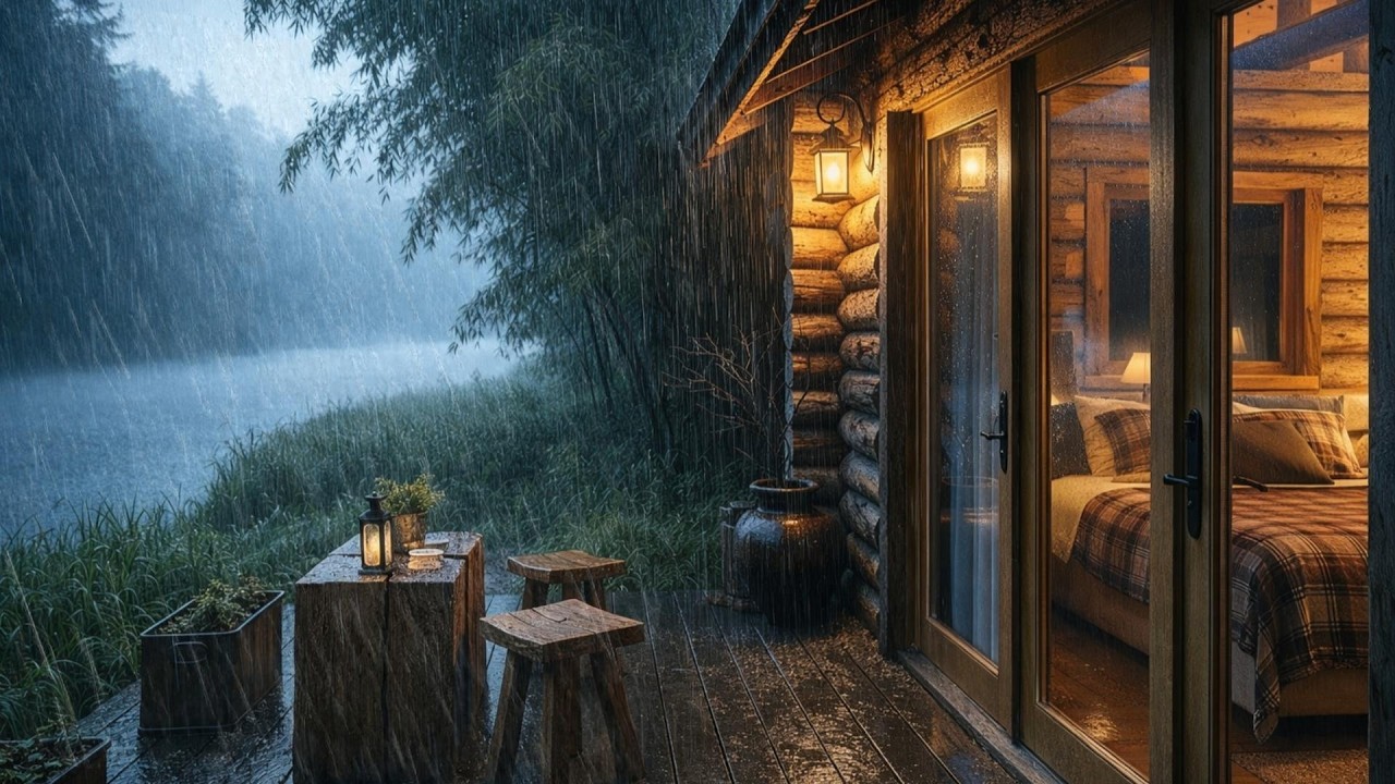 Relaxing Rain Sounds for Sleep | Cozy Lakeside Cabin Ambience Warm Glow & Heavy Rain