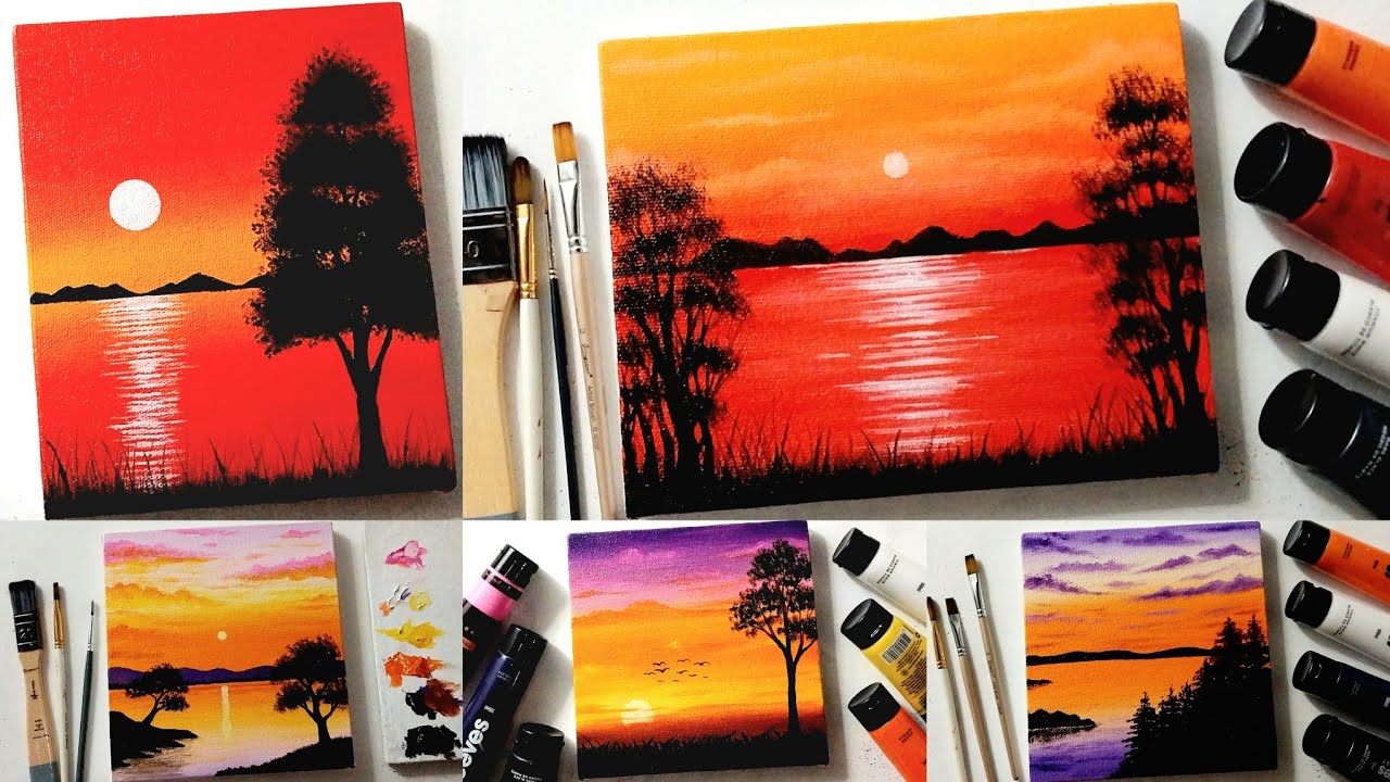 5 Easy Sunset Paintings || Acrylic Painting Tutorial For Beginners