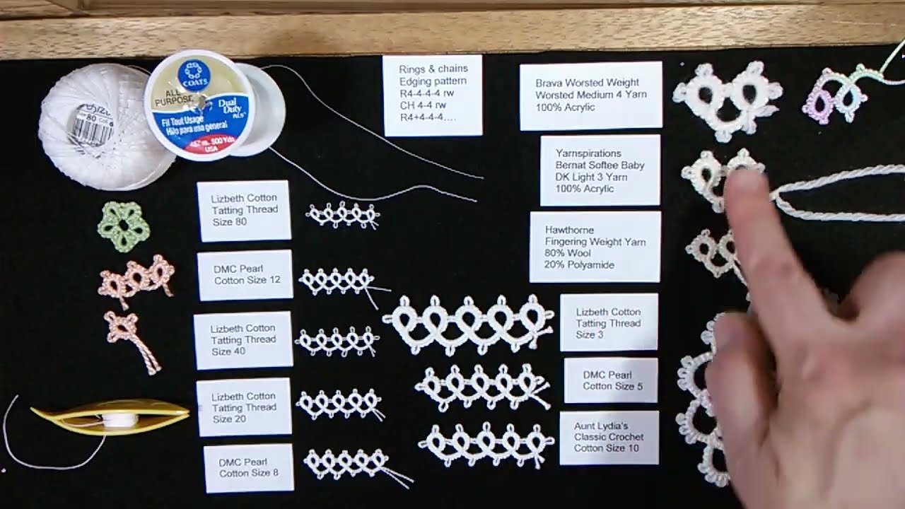 shuttle tatting - samples board and how to tat using different fibers
