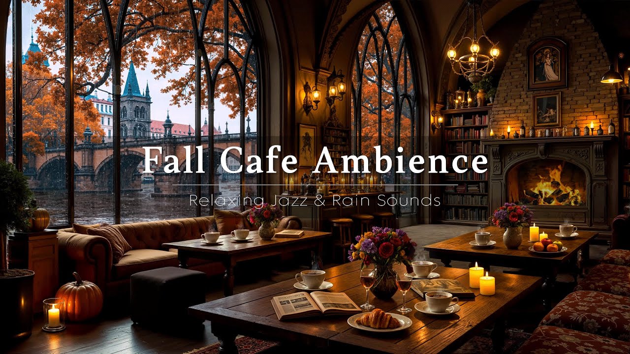 Smooth Piano Jazz & Crackling Fireplace to Study, Work🍂 Soft Fall Jazz in Rainy Coffee Shop Ambience