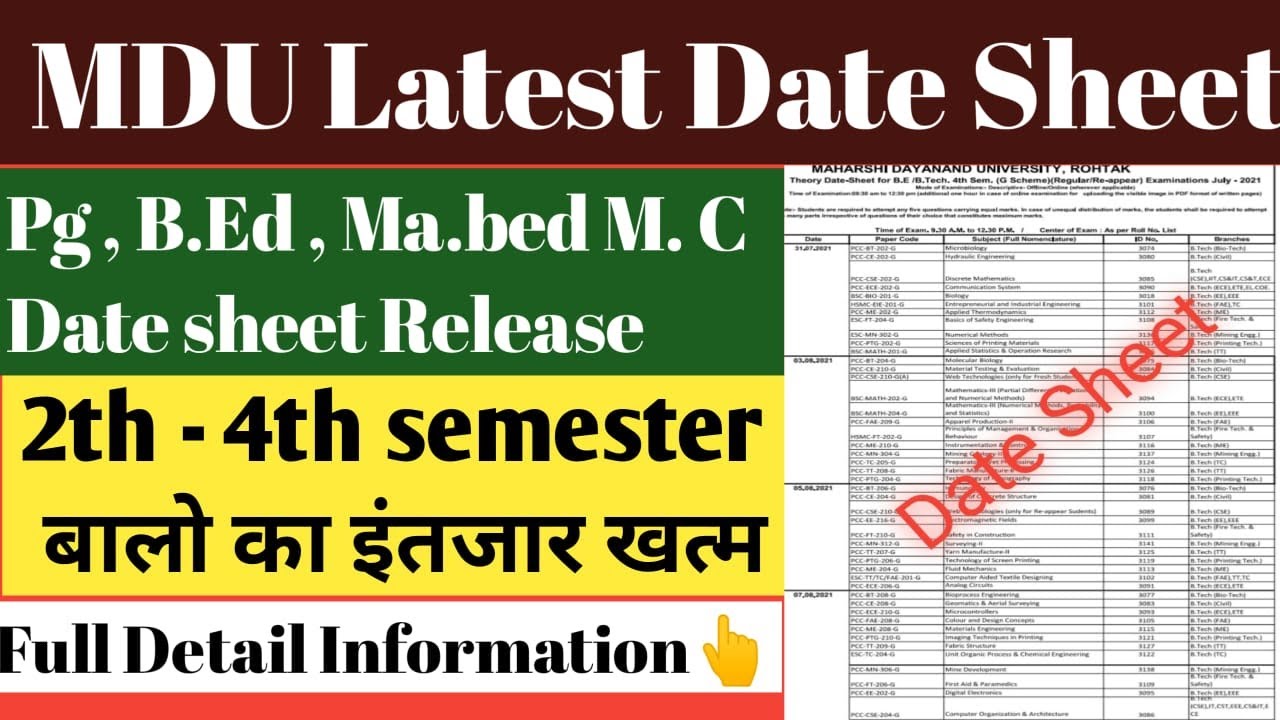 MDU date sheet | MDU exam date sheet | MDU date sheet 2021| MDU b.ed exam date sheet 2021 | MDU exam