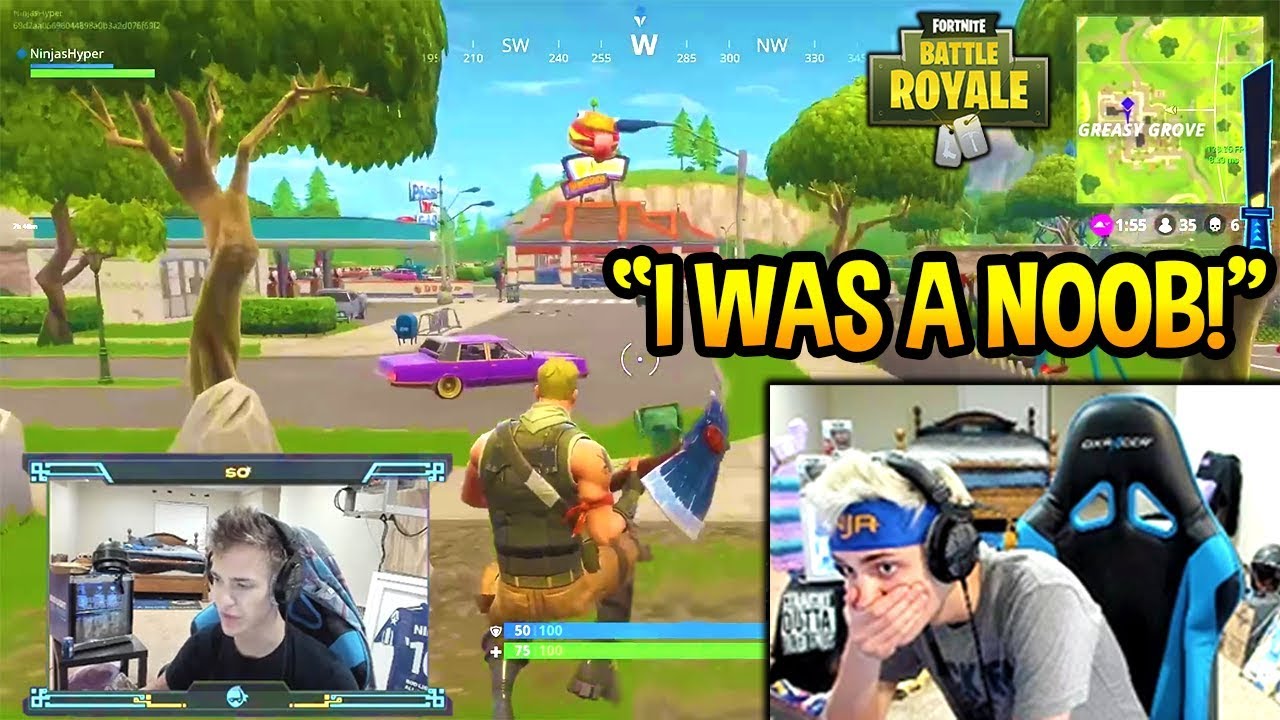 NINJA REACTS TO HIS *FIRST* EVER GAME OF FORTNITE! NOOB? Fortnite SAVAGE & FUNNY Moments
