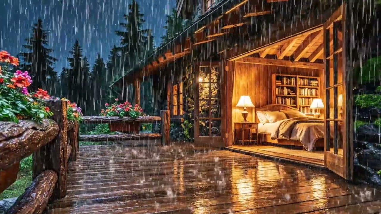 🌧️ Rainy Night at Stone Mountain Cottage | Real Rain on Dark Wood | 3 Hours Sleep Sounds