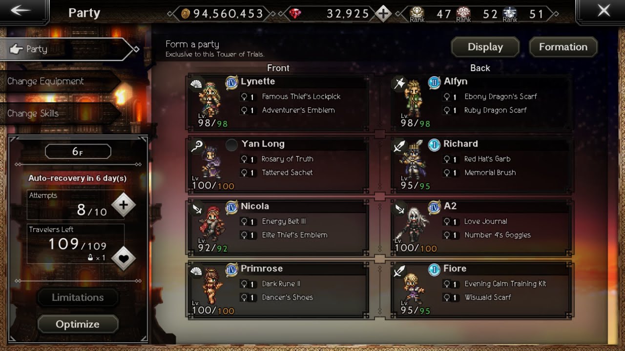 Octopath CotC Master Tower Floor 6: Sufrataljah + Donescu lvl 100 NPCs (8T)