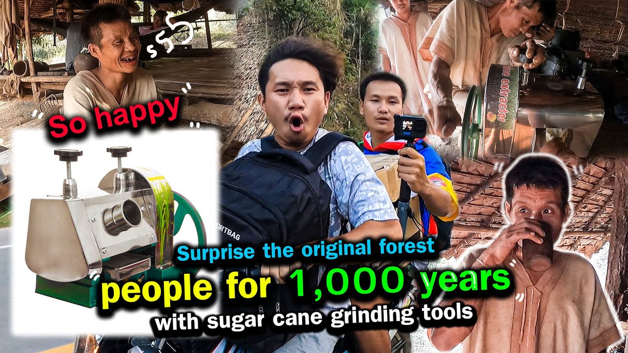 Surprising the ancient forest people 1000 years ago with a sugarcane juice grinder. Very happy.