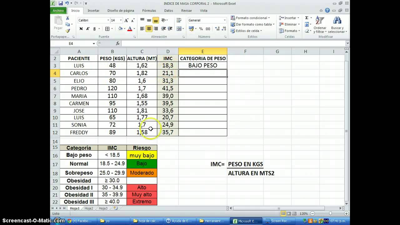 EXCEL FUNCIÓN SI EN CALCULO DEL INDICE DE MASA CORPORAL