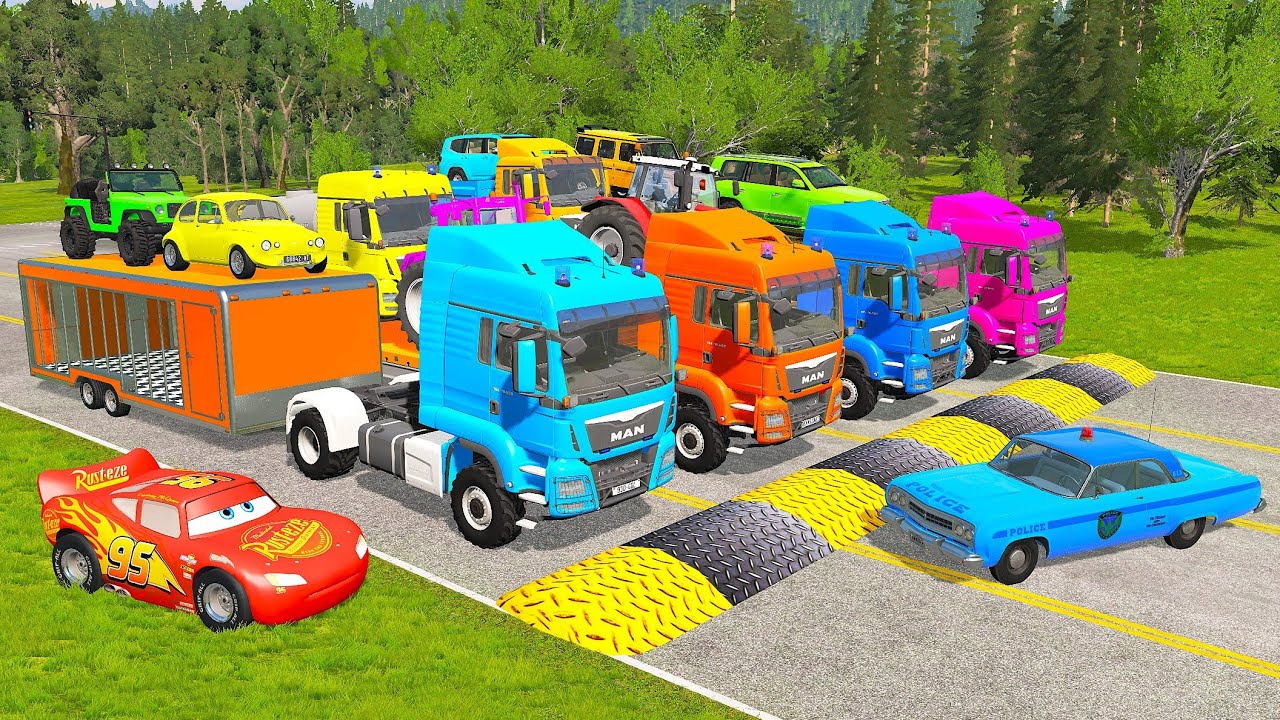 Flatbed Truck Mcqueen | Transportation with Truck - Pothole vs Car #1 - BeamNG.Drive