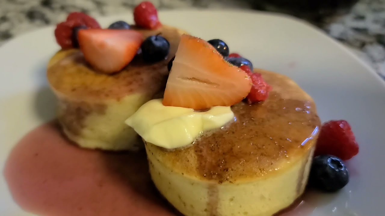 Japanese Souffle Pancakes with Berry Maple Syrup