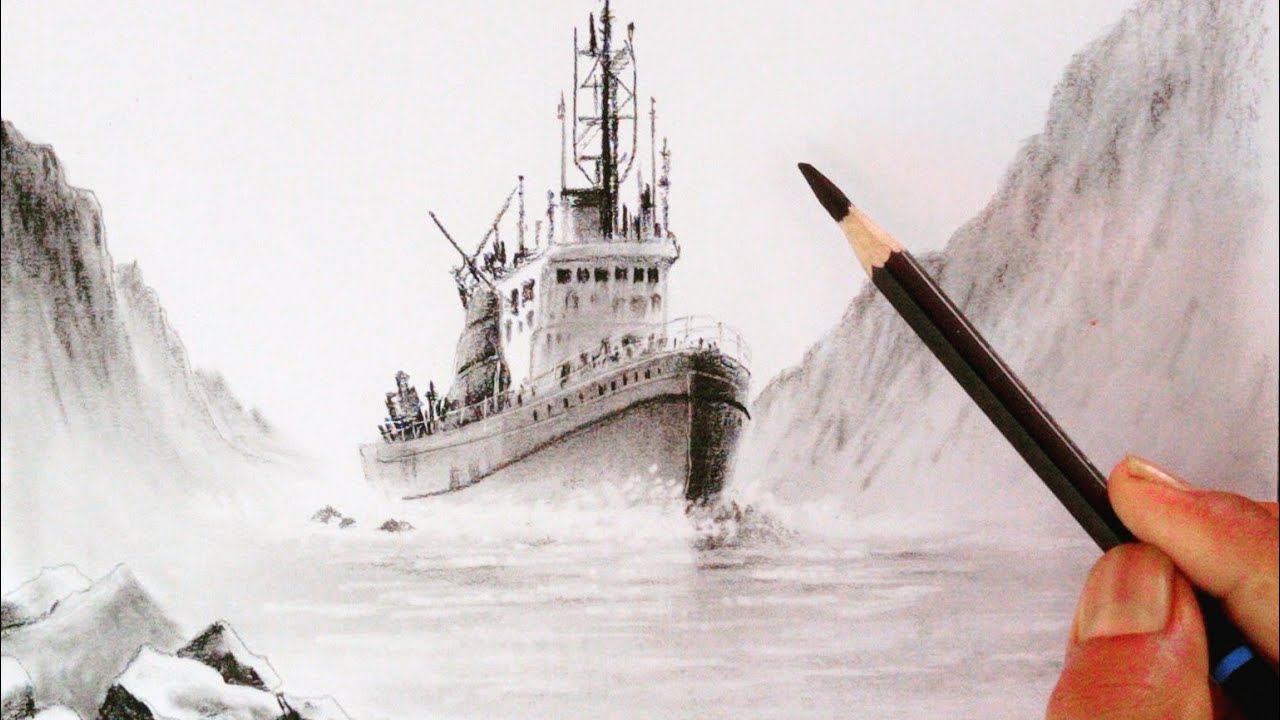 Pencil drawing of scene of a ship coming towards shore.