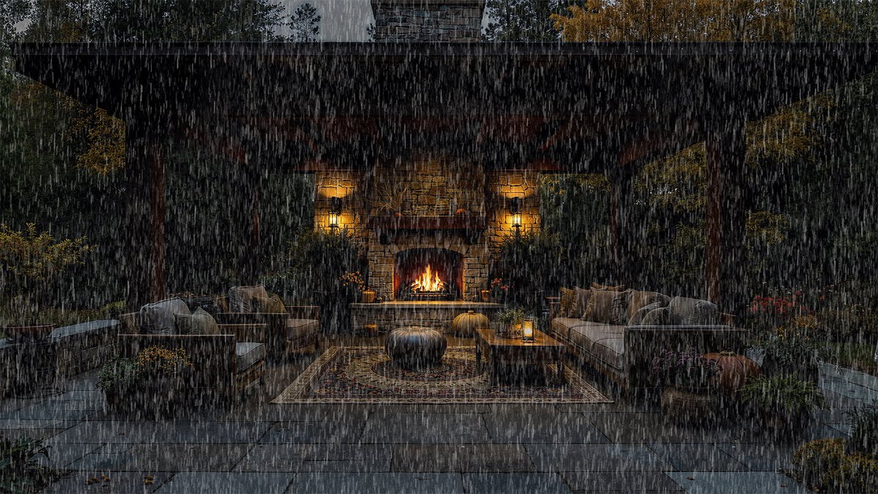 Rainfall on the Stone Fireplace Terrace 🌧️ Calming Fire & Rain Sounds for Deep Sleep