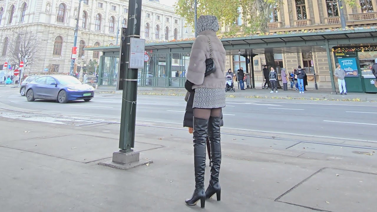 4K,Granate Travelling walking in public, shopping at the supermarket, miniskirt, thigh high boots  