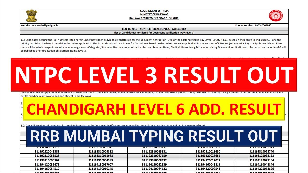RRB NTPC LEVEL 3 RESULT OUT | LEVEL 6 ADD. RESULT | RRB MUMBAI TYPING RESULT OUT