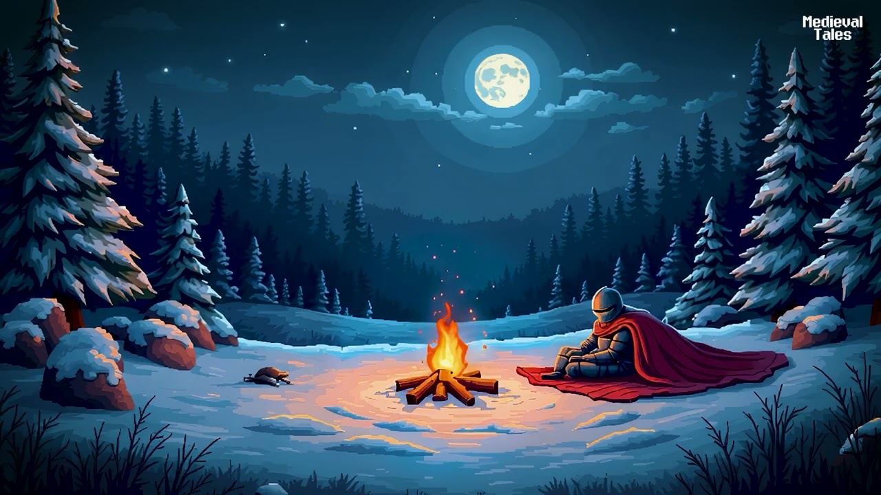 Sit, traveler – Medieval campfire & night ambience by the frozen lake