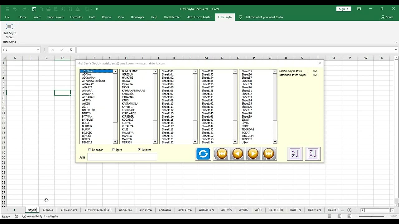 Excel Hızlı Sayfa Ge&ccedil;işi Eklentisi