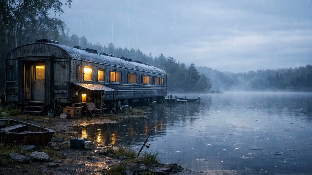 Rain Ambience | Fishing Lake Train Sleeper Morning – Soft Rain