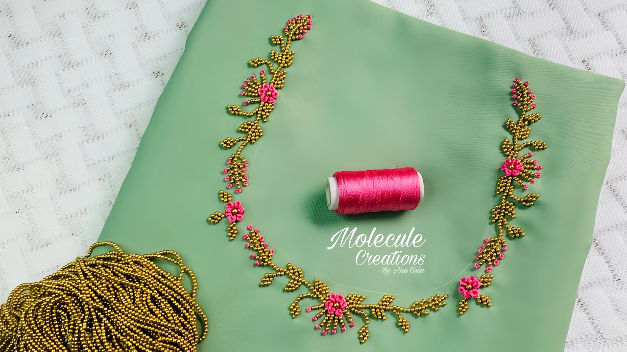 Beautiful silk thread ring knot flower and beadwork embroidery for kurti neck|hand embroidery neck