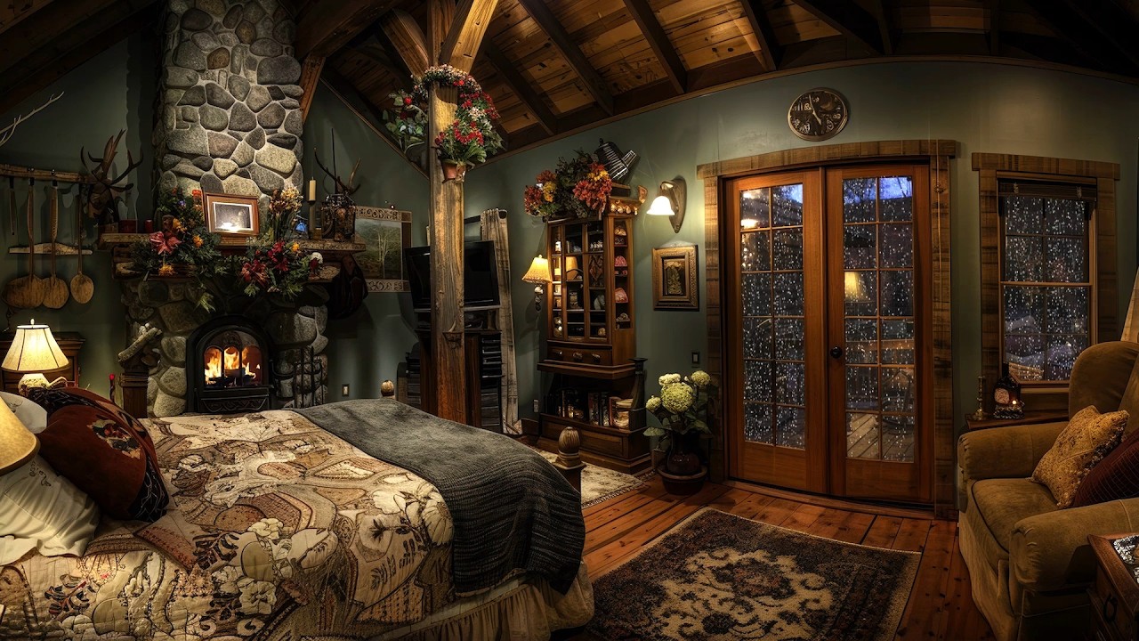 🔴Relaxing Rainy Cottage for Deep Sleep with Crackling Fireplace Sounds, Soothing Rain for meditation