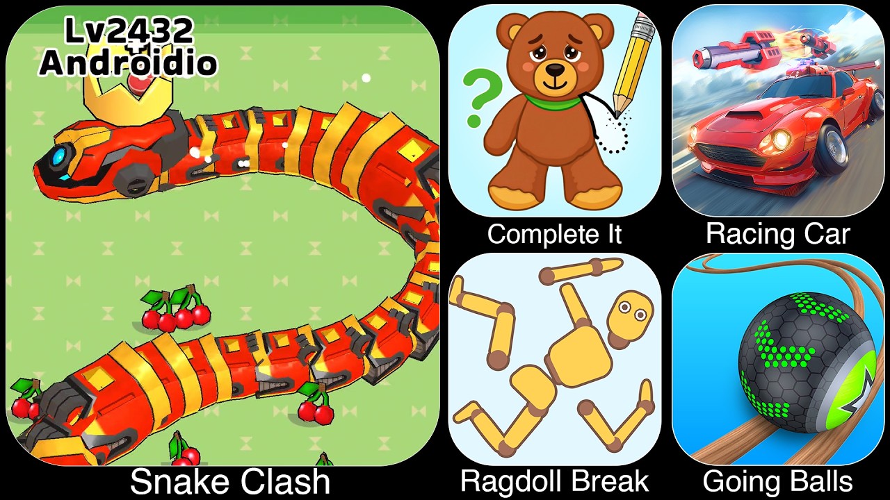 Snake Clash, Complete It Draw One Part, Racing Car Speed & Battle, Ragdoll Break, Going Balls