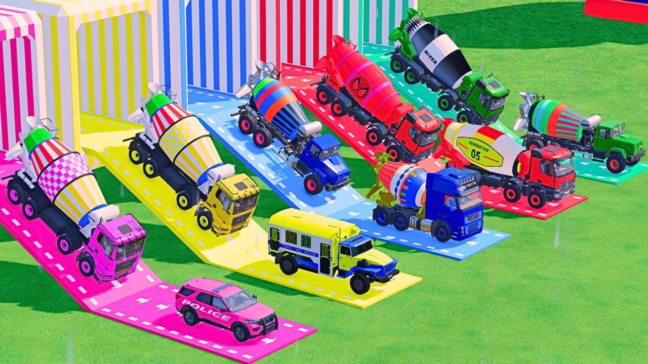 TRANSPORTING POLICE CARS, AMBULANCE, FIRE TRUCK, COLORFUL CARS WITH MIXER TRUCK ! FS22 #13