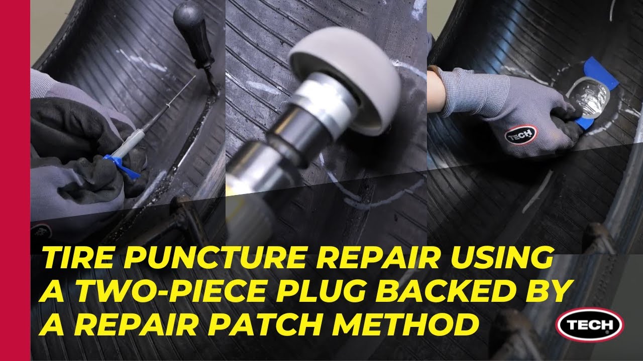 Tire Puncture Repair Using a Two-Piece Plug Backed by a Repair Patch Method - See the Whole Process
