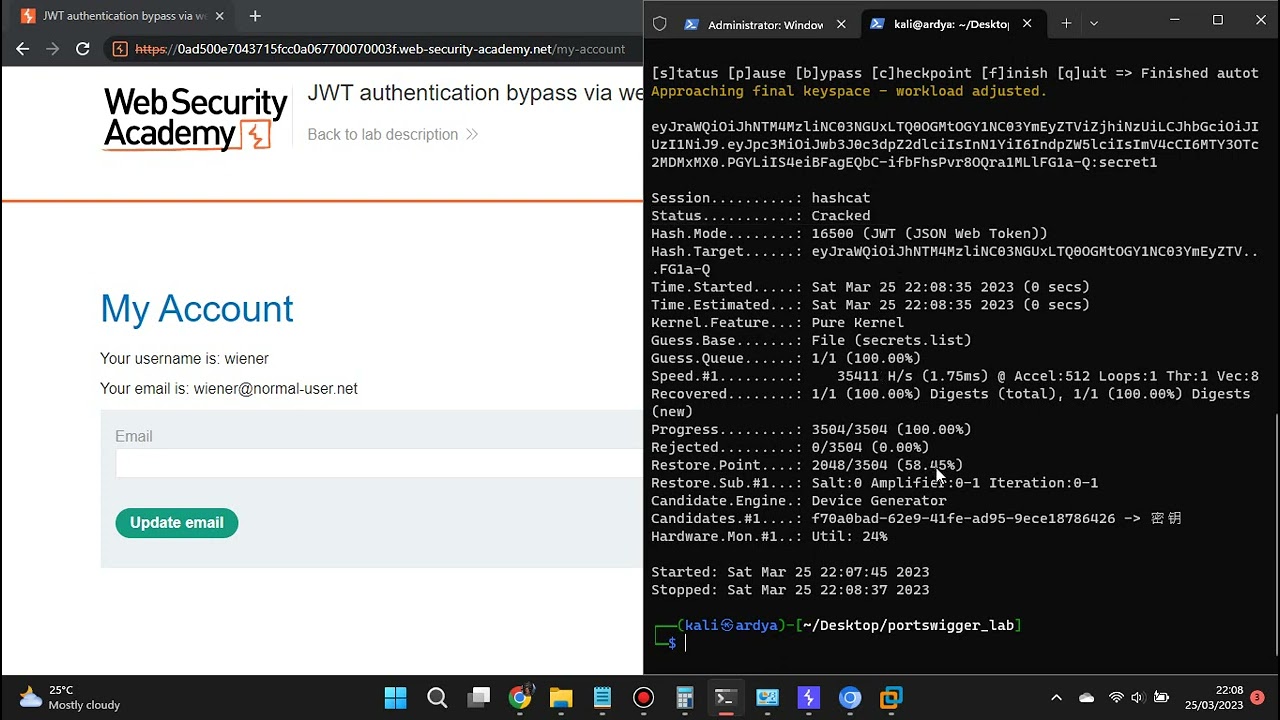 Portswigger Lab: JWT authentication bypass via weak signing key