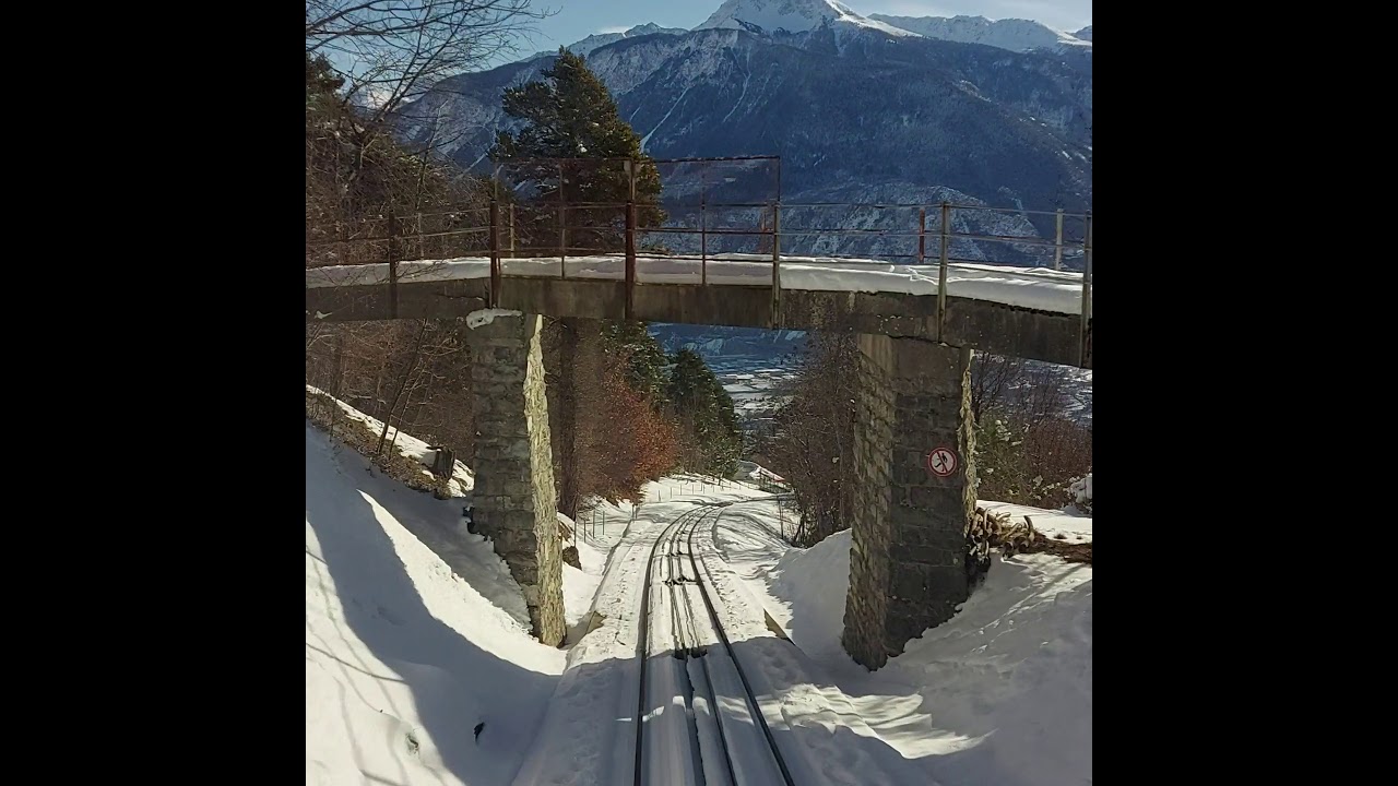 🚆 Funicular ride in Snowy Winter from Crans-Montana down to Sierre 🚆 Canton of Valais, Switzerland 🚆