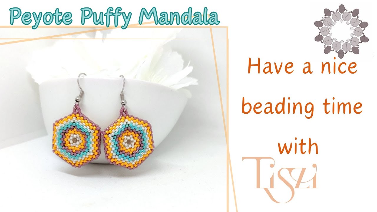 #21 Peyote, puffy Mandala earrings by Tiszi. Colorful, easy DIY beading project