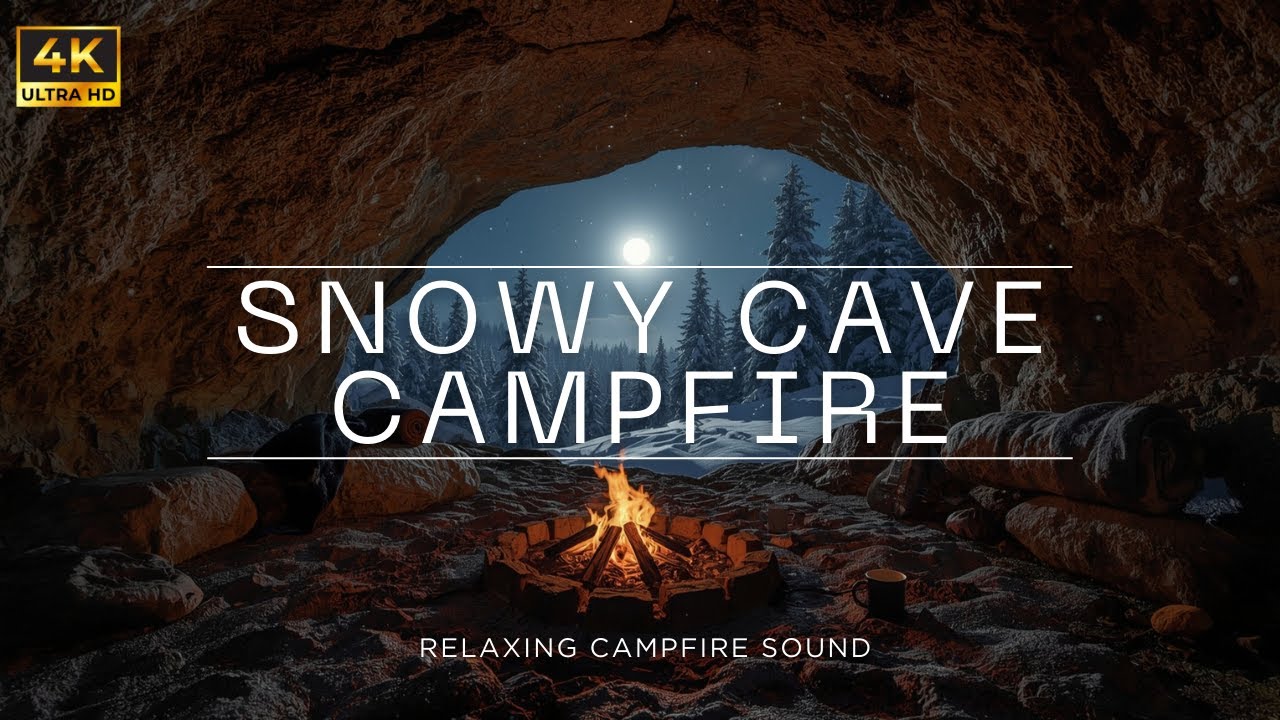 Cozy Snowy Cave Campfire 🔥 Moonlit Winter Ambience (4K) | Gentle Snowfall Outside | 4 Hours