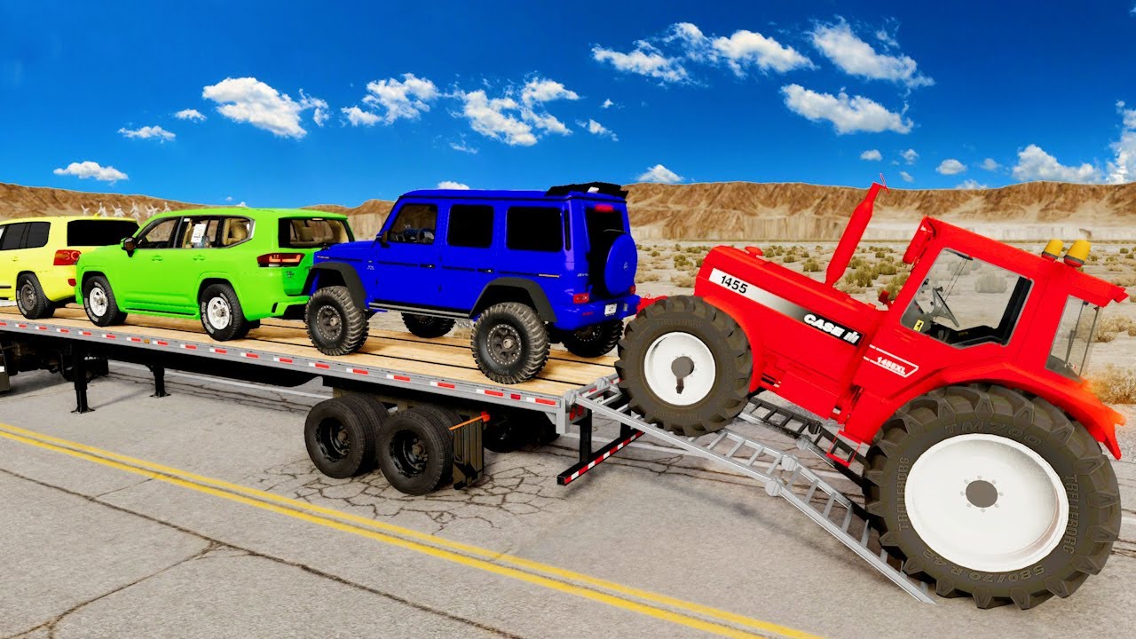 Flatbed Trailer McQueen Transportation with Truck - Speedbumps vs Cars vs Train - BeamNG.Drive #07