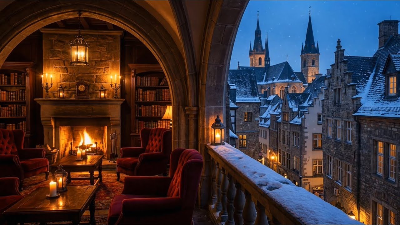 Atmospheric Winter Library | Glowing Fireplace & Gentle Piano for Dark Academia Vibes