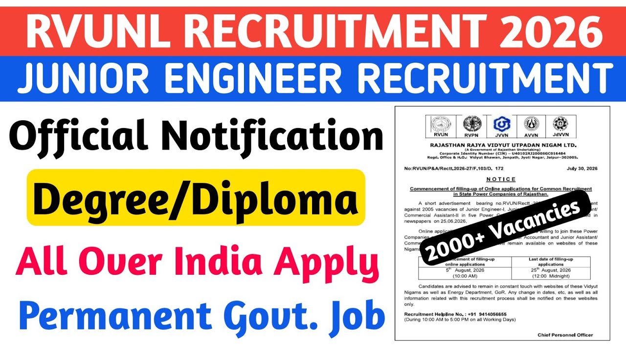 RVUNL JE Recruitment 2026 | Junior Engineer Recruitment 2026 | JE Vacancy 2026 | RVUNL Vacancy 2026