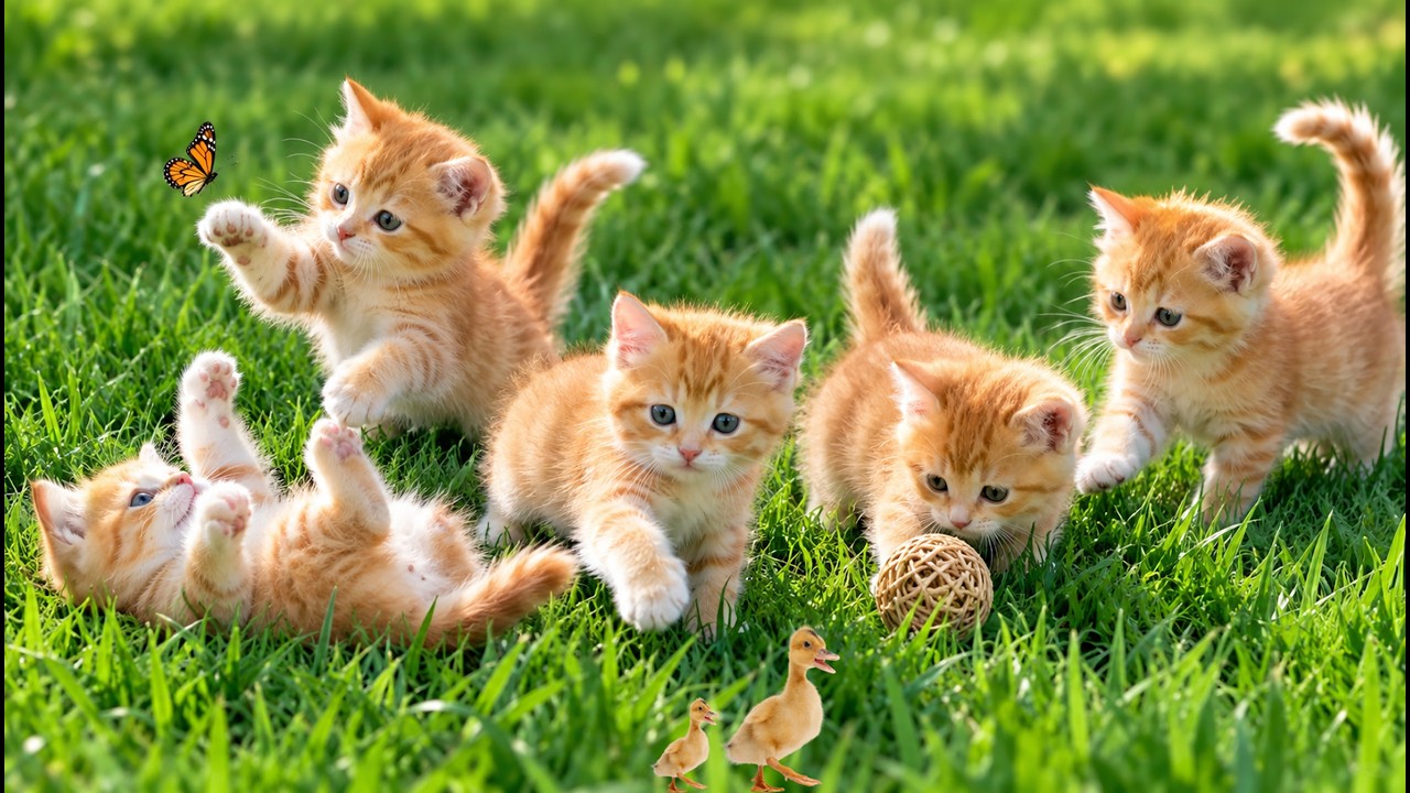 🐱🦆 Adorable Golden Kittens Playing with a Tiny Duckling on Green Grass | Cat Sounds