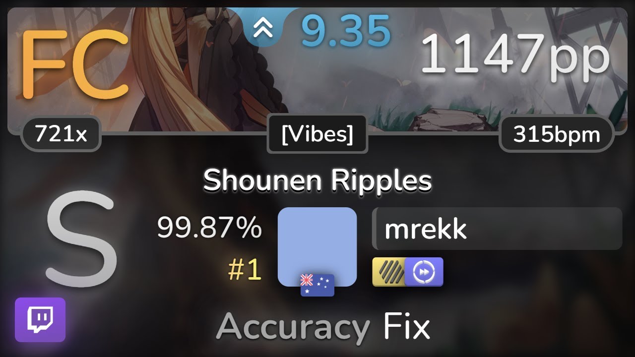 🔴🔔 9.3⭐ mrekk | Yu Tokiwa - Shounen Ripples [Vibes] +HDDT 99.87% FC #1 | 1147pp - osu!