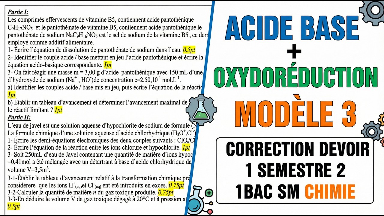Correction devoir 1 semestre 2 – Chimie 1BAC SM | Acide-Base & Oxydoréduction (Modèle 3)