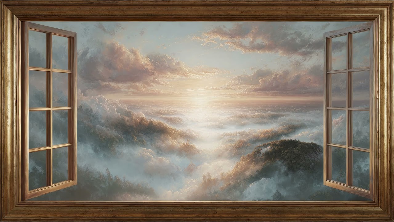 TV Art Screensaver | Open Window to the Clouds in Gold Frame | 3 Hours Calm 4K Ambience