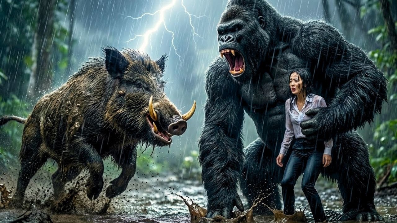 A Girl Alone Survive In Rainforest Island – King Kong Heroic Save From Giant Boar Terrifying Attack