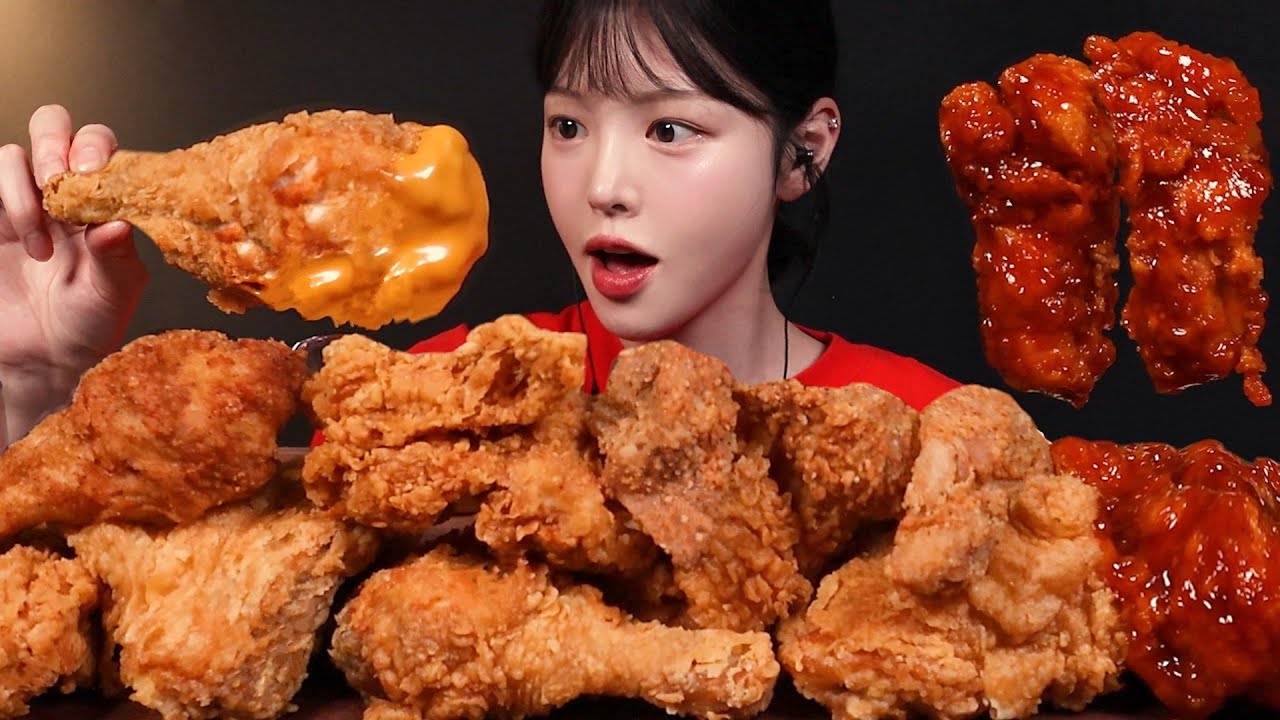 SUB)KFC 치킨 먹방! 핫크리스피 통다리 갓양념 닭껍질튀김 치즈소스에 푹푹 찍어먹기 리얼사운드 KFC Chicken Mukbang Asmr
