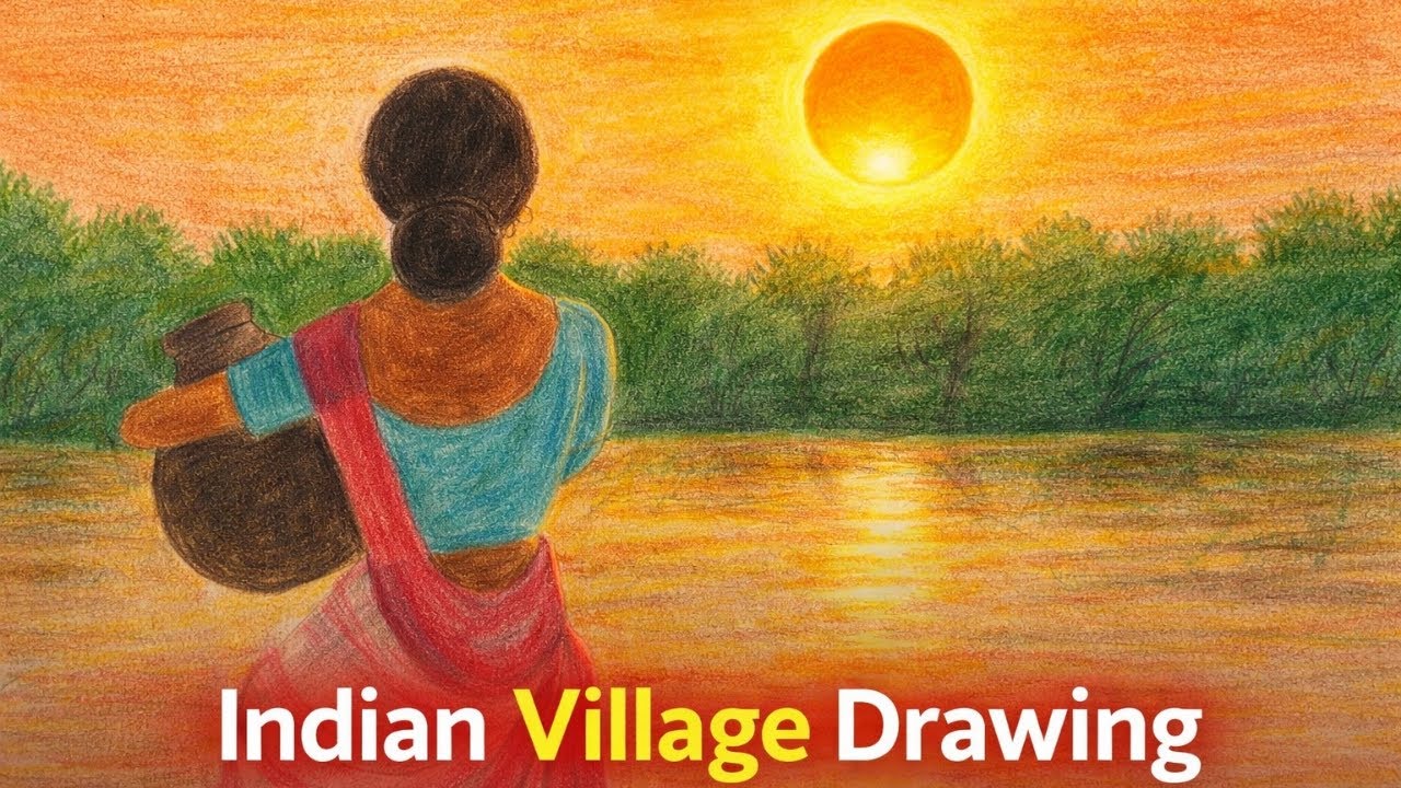Village Woman Drawing At Sunset |Beautiful Indian Village Scenery Drawing|Art By Tanis|