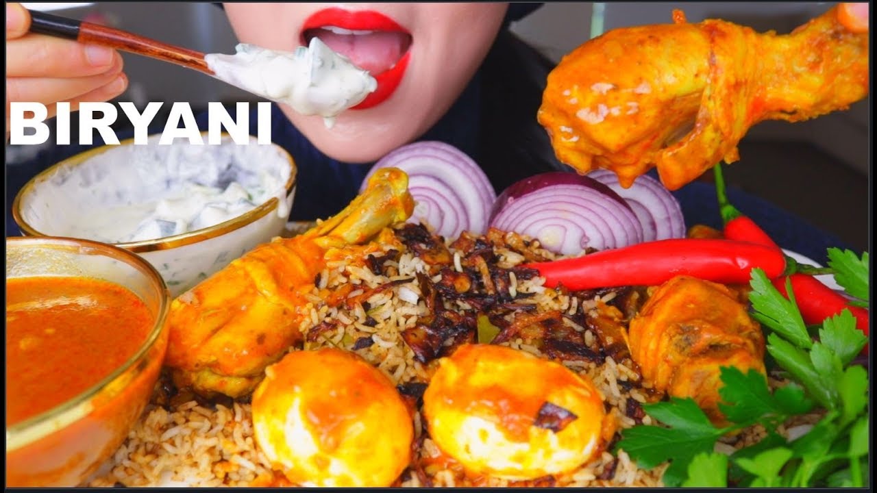 ASMR SPICY CHICKEN BIRYANI + CUCUMBER RAITA + CURRY + EGG + CHILLI + ONION | BIRYANI AYAM 咀嚼音 | 먹방