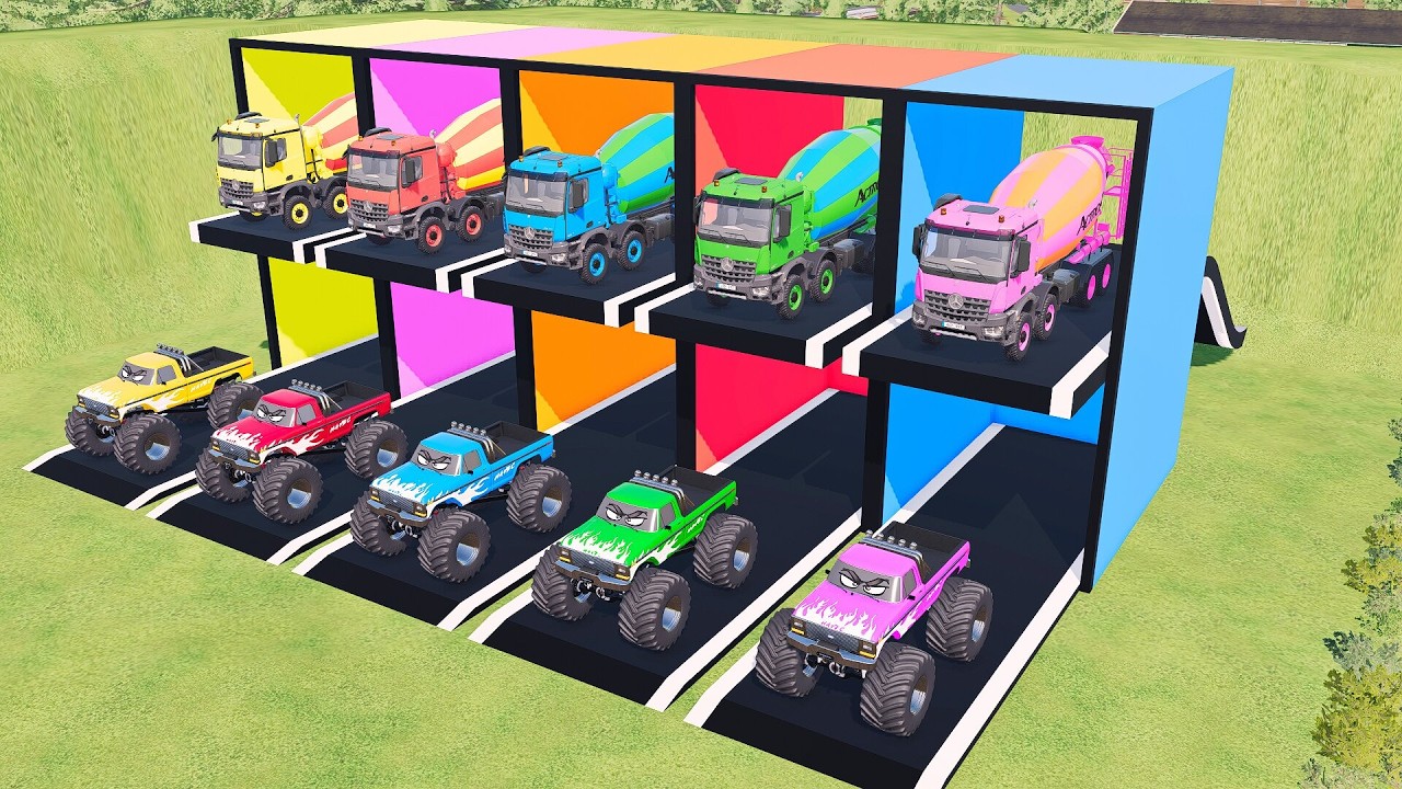 Garage with Colors - ALL MONSTER MIXER TRUCK WITH HEAVY TRAILER, SCANIA, KENWORTH, IVECO