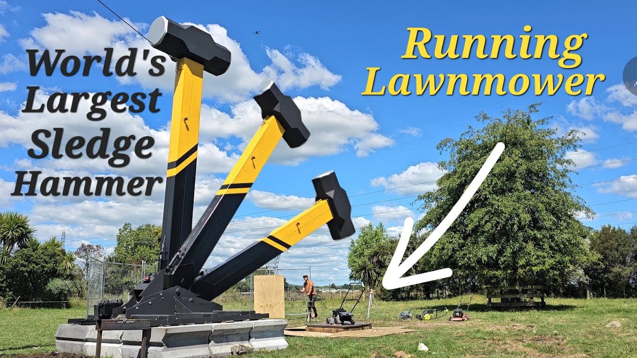 World's Largest Sledge Hammer vs Running Lawn Mowers