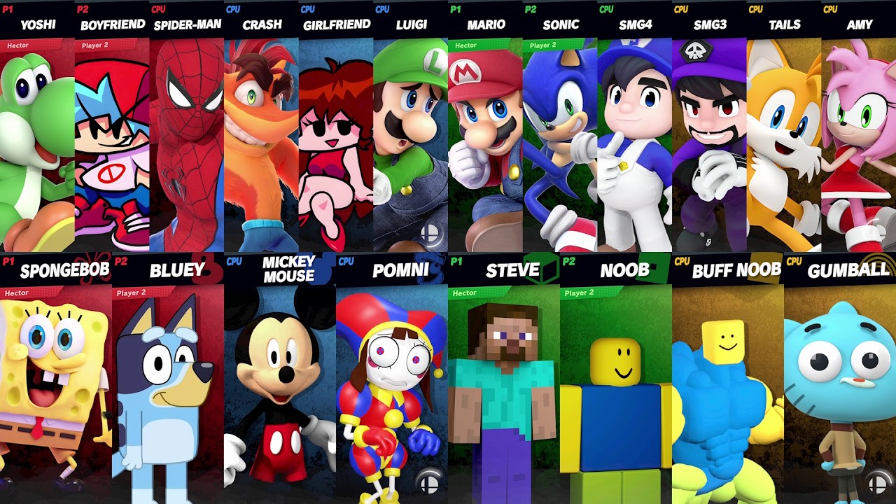 Sonic vs Mario vs Roblox vs Minecraft vs Spider-Man vs Bluey vs SpongeBob vs Mickey | Super Smash