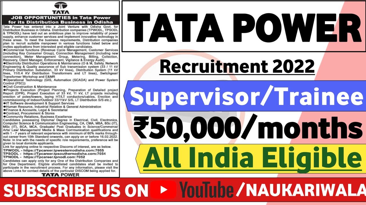 Tata Power Recruitment 2022 | Fresher | CTC ₹65,000/-| Latest Jobs | Mnc Jobs | Tata Power Jobs 2022