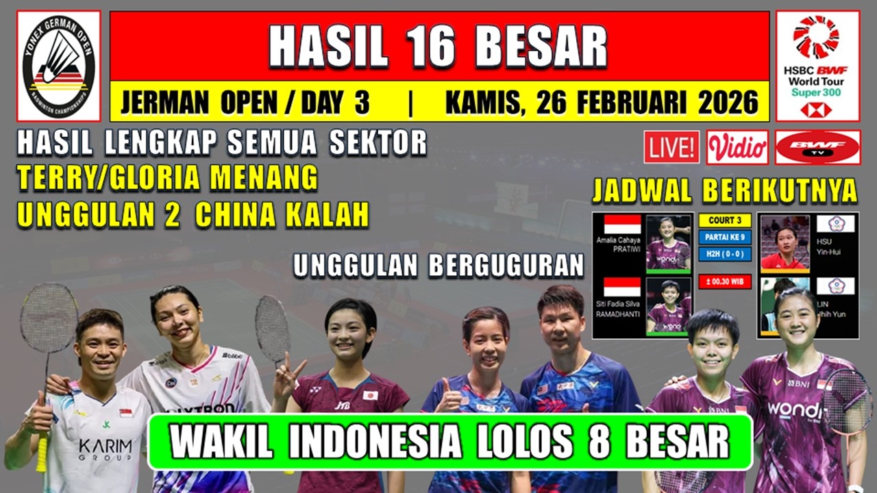 INDONESIA MENANG ~ Hasil 16 Besar Jerman Open 2026 Hari Ini ~ TERRY/GLORIA MENANG ~ Unggulan Kalah