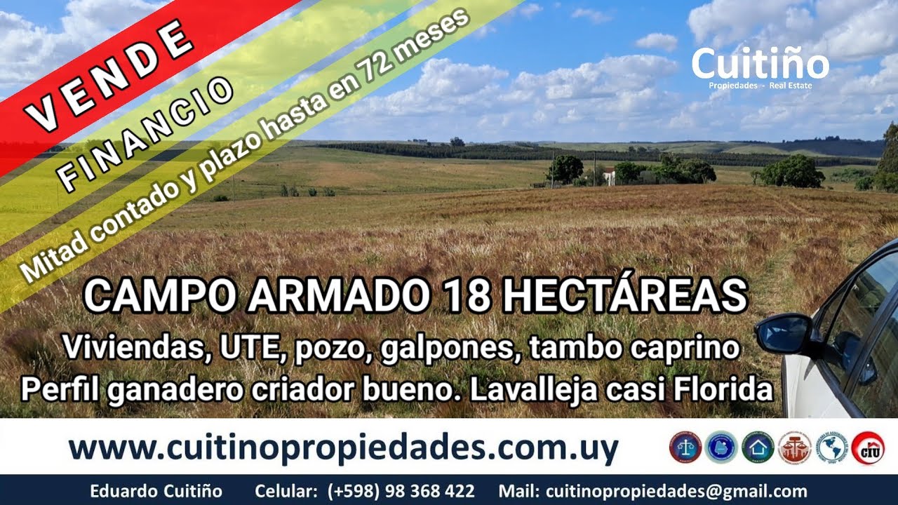 Campo armado 18 hectáreas con viviendas, UTE, pozo, galpones, instalaciones. Lavalleja casi Florida