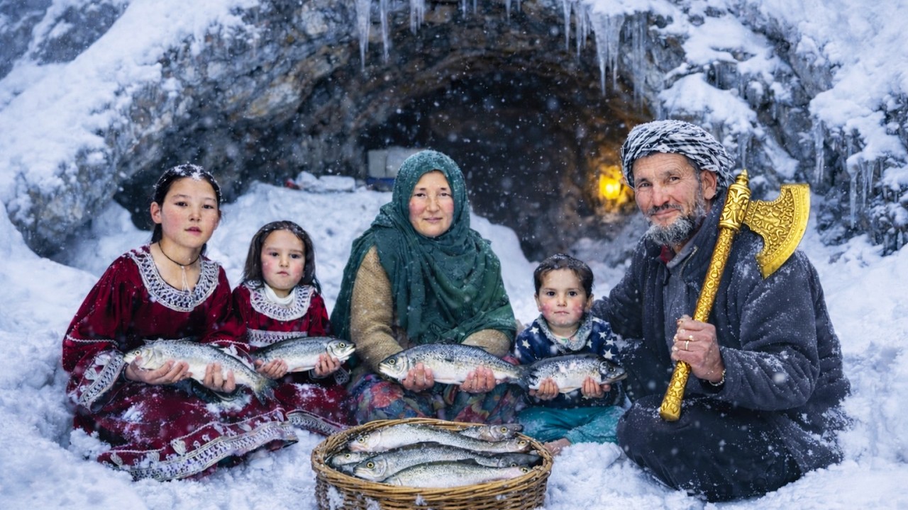 Cold Winter day in a Cave | Cooking Fish Curry and Rice Village Style and for Survival