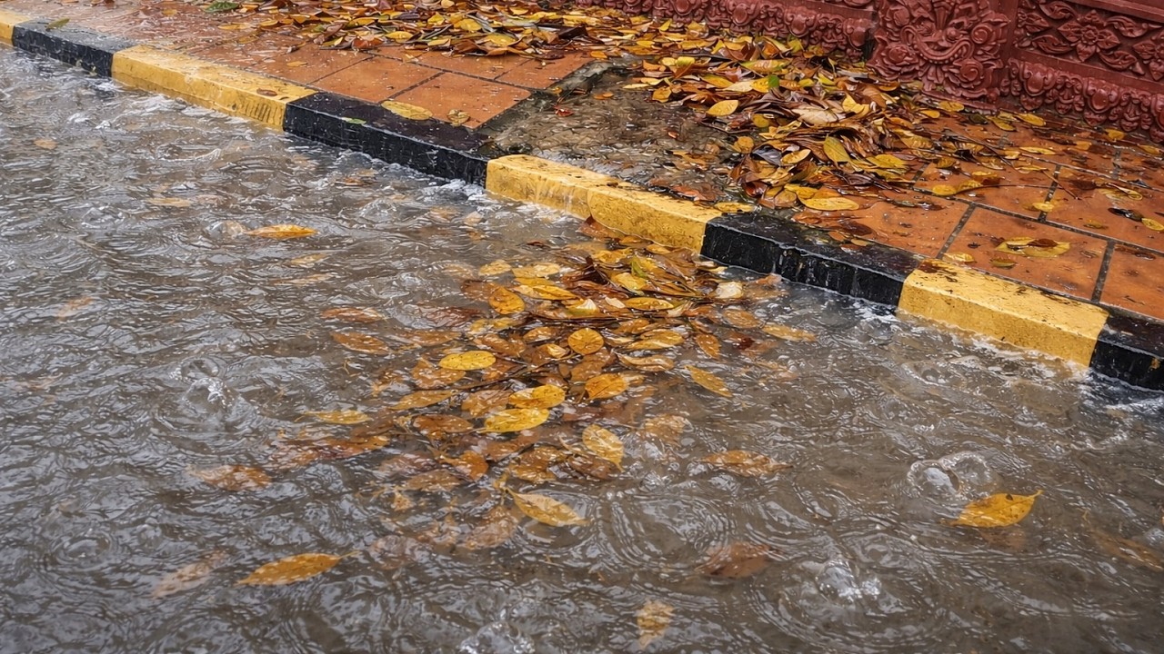 Remove leaves clogged drain after heavy rainstorm