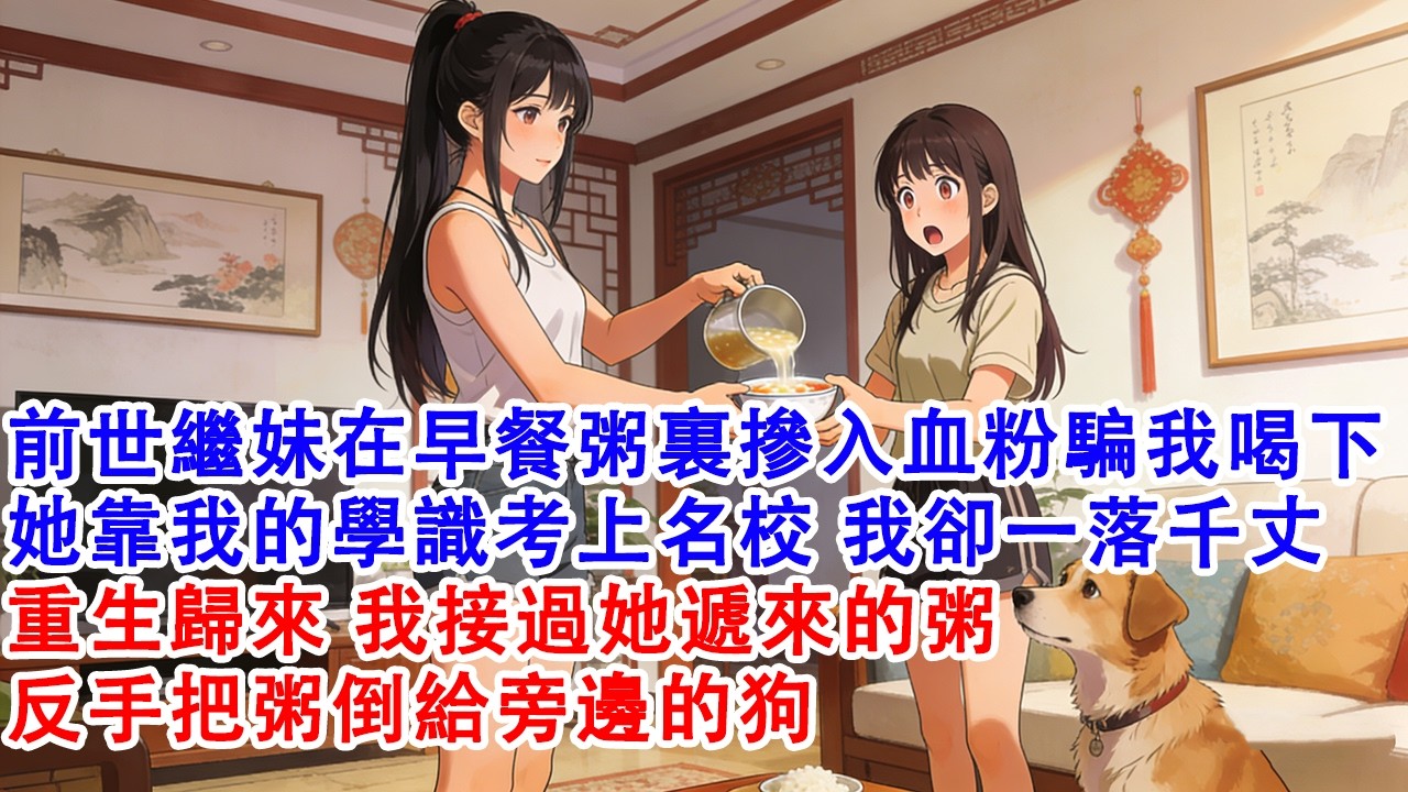 【完結爽文】前世繼妹在早餐粥裏摻入血粉騙我喝下想偷走我的一切。她靠我的學識考上名校，我卻 被網爆輕生。重生歸來，我接她遞來的粥，反手把粥倒給路邊的狗#故事 #重生 #爽文 #情感 #小說 #完結