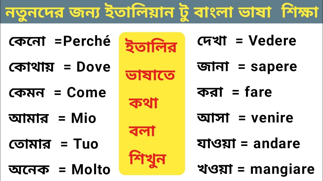 নতুনদের জন্য ইতালিয়ান টু বাংলা ভাষা শিক্ষা। ইতালি প্রবাসি দের গুরুত্বপূর্ণ ইতালির ভাষা শিক্ষা Italy